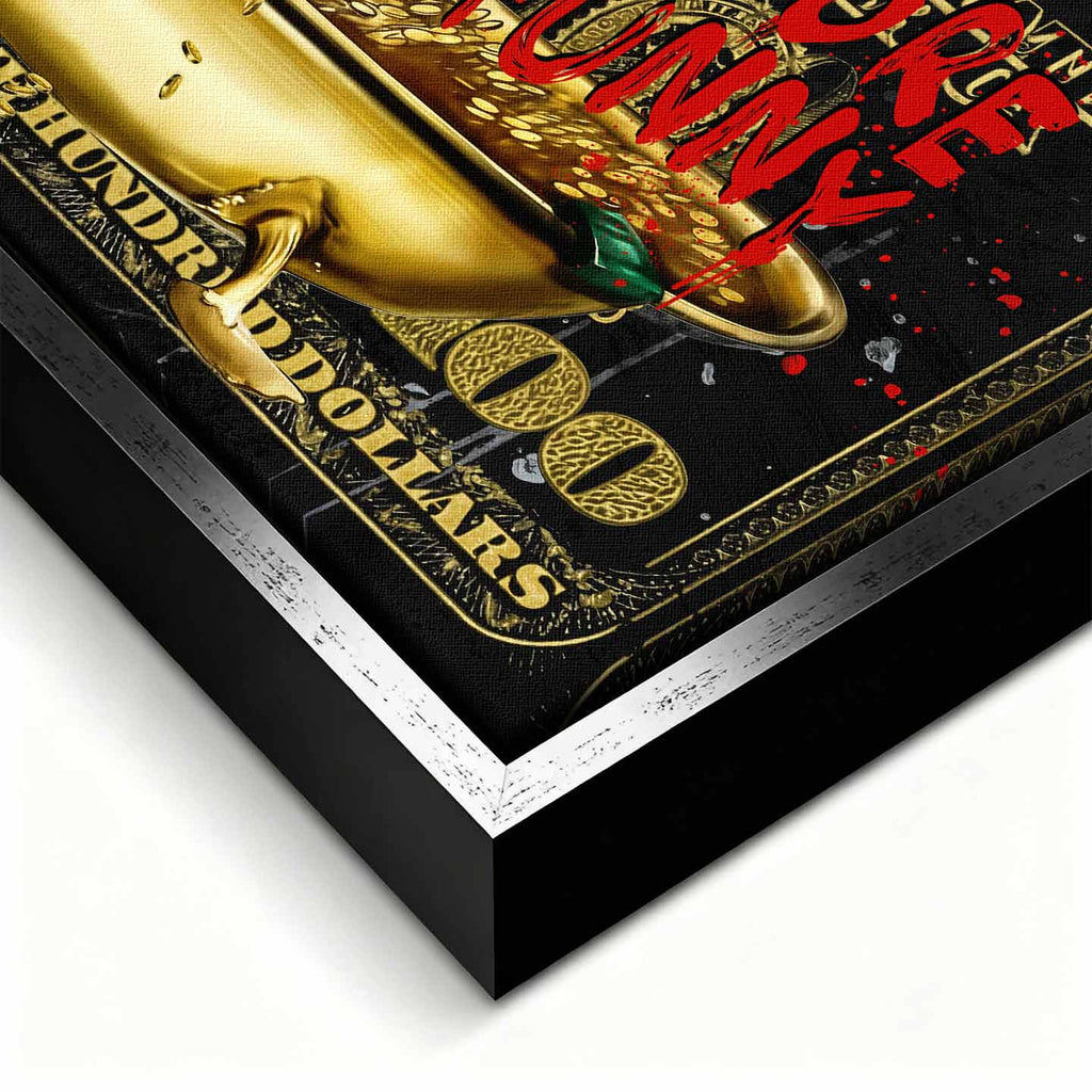 Obraz na płótnie Sknerus McKwacz - Money Funny Duck, złoty banknot w tle, wydruk galeryjny, sztuka nowoczesna Huephant.