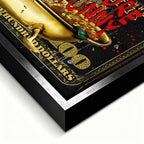 Obraz na płótnie Sknerus McKwacz - Money Funny Duck, złoty banknot w tle, wydruk galeryjny, sztuka nowoczesna Huephant.