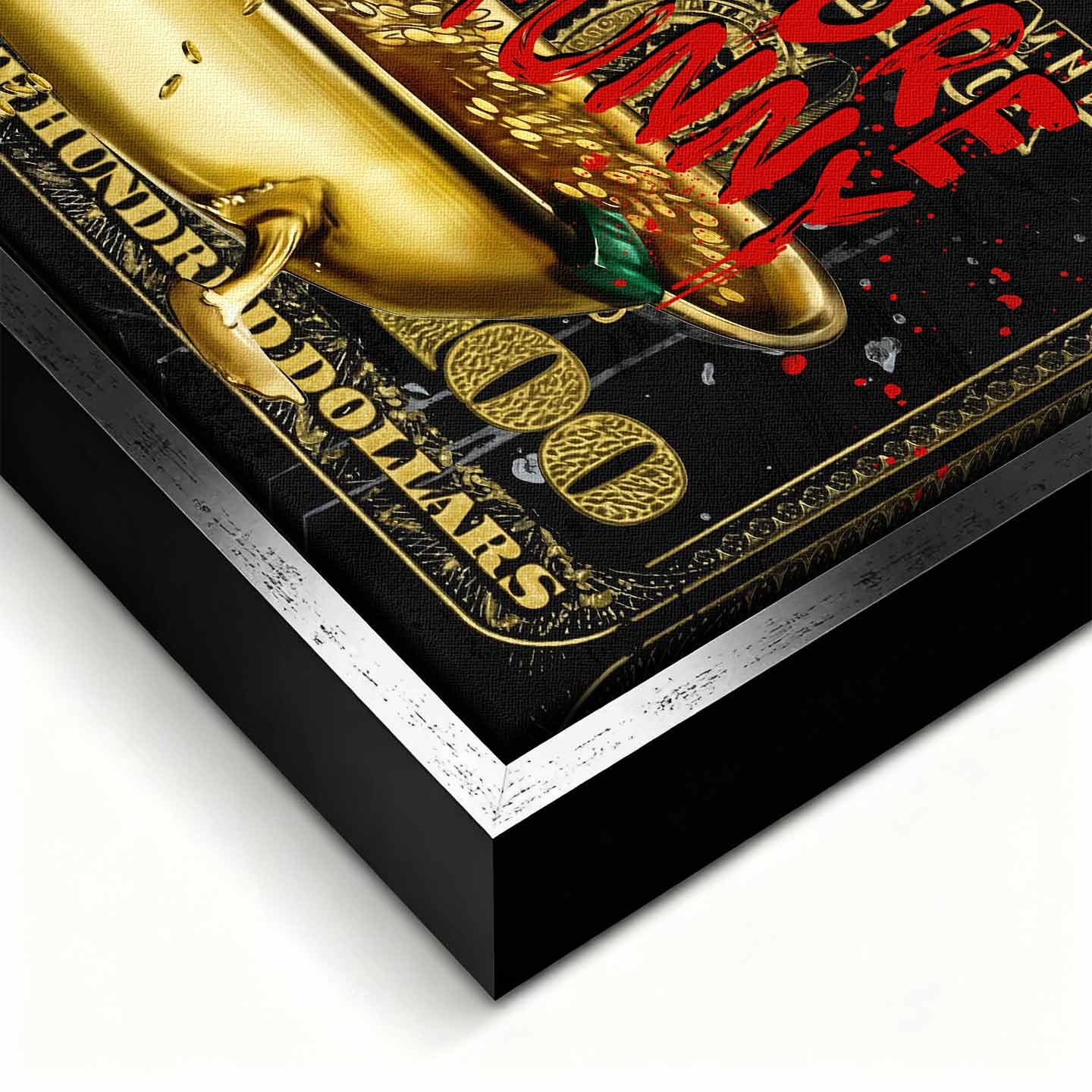 Obraz na płótnie Sknerus McKwacz - Money Funny Duck, złoty banknot w tle, wydruk galeryjny, sztuka nowoczesna Huephant.