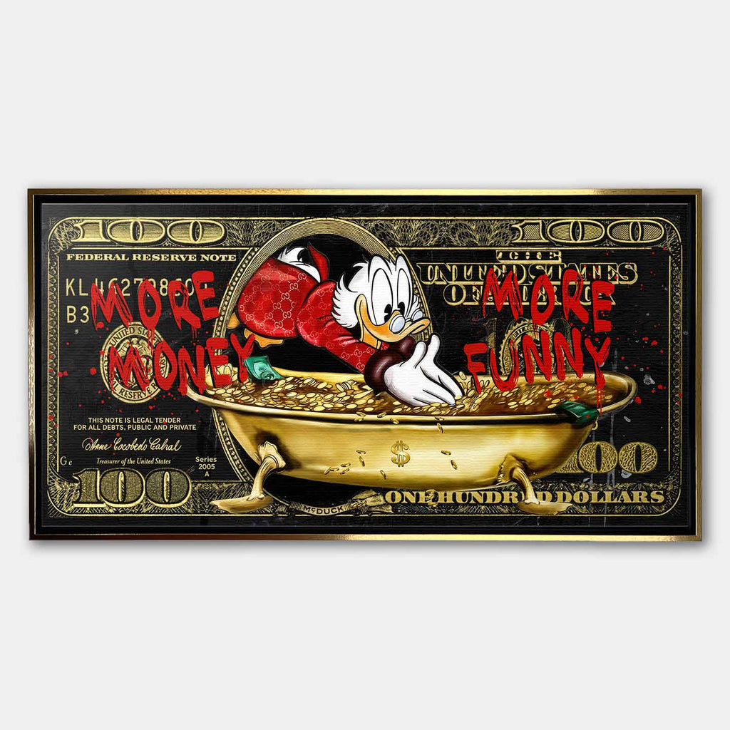 Obraz na płótnie Sknerus McKwacz - Money Funny Duck, złoty banknot w tle, wydruk galeryjny, sztuka nowoczesna Huephant.