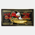 Obraz na płótnie Sknerus McKwacz - Money Funny Duck, złoty banknot w tle, wydruk galeryjny, sztuka nowoczesna Huephant.