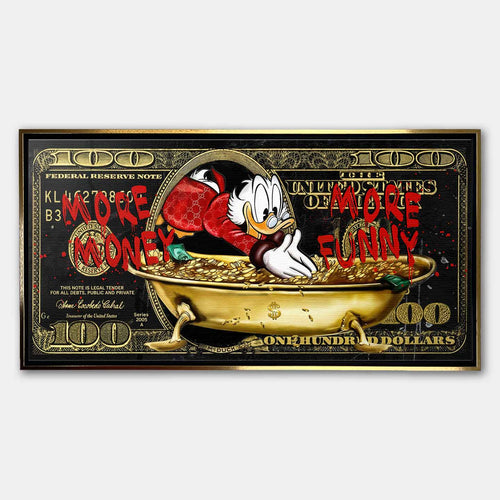 Obraz na płótnie Sknerus McKwacz - Money Funny Duck, złoty banknot w tle, wydruk galeryjny, sztuka nowoczesna Huephant.
