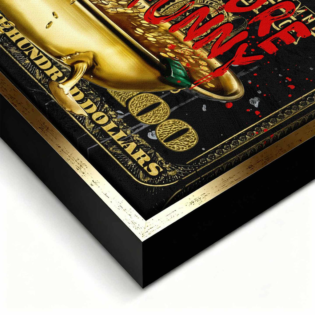 Obraz na płótnie Sknerus McKwacz - Money Funny Duck, złoty banknot w tle, wydruk galeryjny, sztuka nowoczesna Huephant.