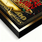 Obraz na płótnie Sknerus McKwacz - Money Funny Duck, złoty banknot w tle, wydruk galeryjny, sztuka nowoczesna Huephant.