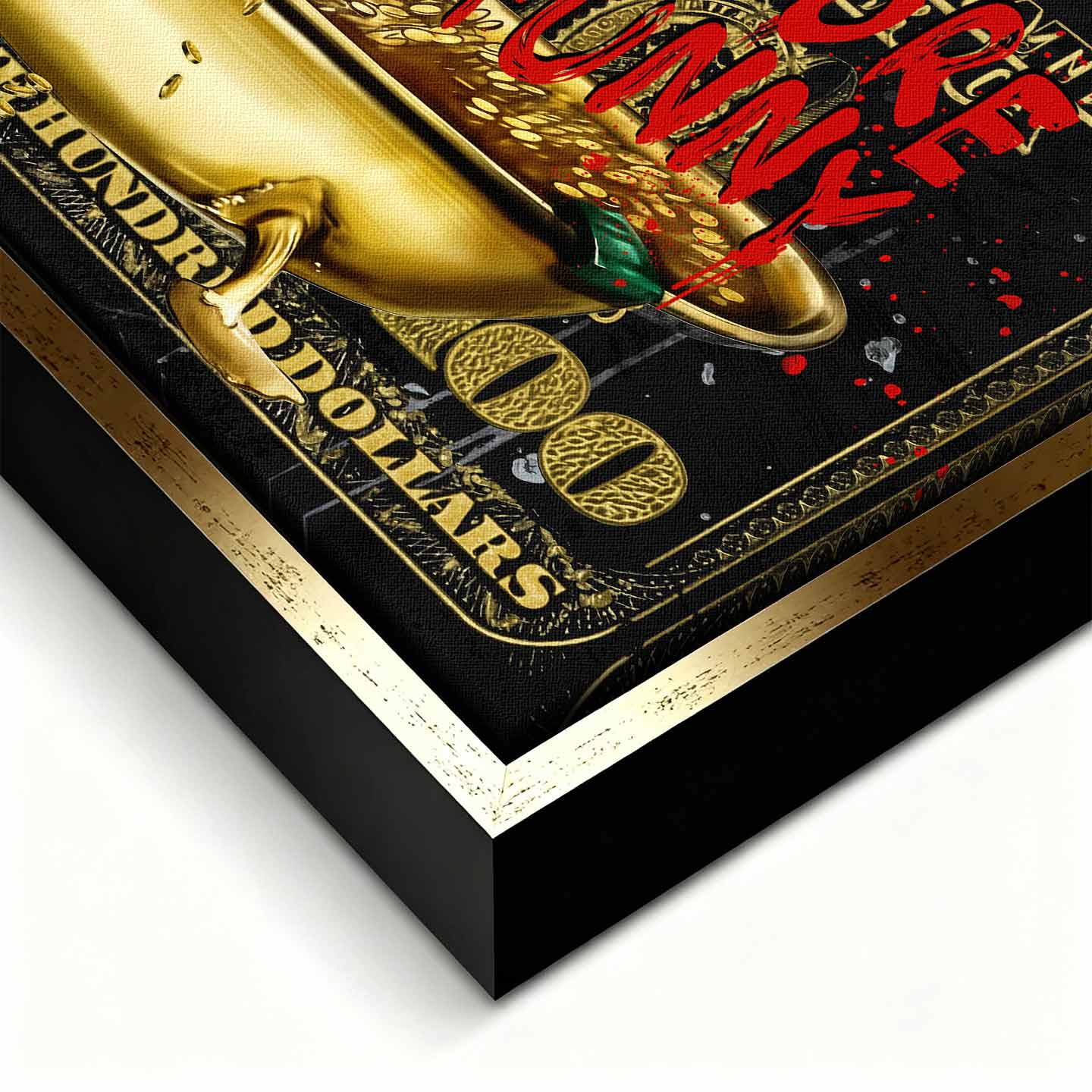 Obraz na płótnie Sknerus McKwacz - Money Funny Duck, złoty banknot w tle, wydruk galeryjny, sztuka nowoczesna Huephant.