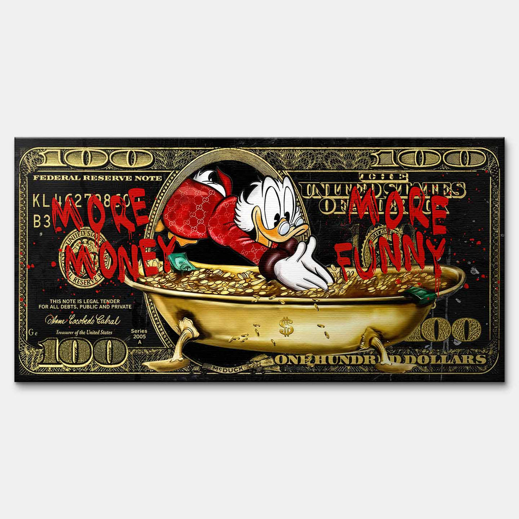 Obraz na płótnie Sknerus McKwacz - Money Funny Duck, złoty banknot w tle, wydruk galeryjny, sztuka nowoczesna Huephant.