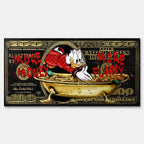 Obraz na płótnie Sknerus McKwacz - Money Funny Duck, złoty banknot w tle, wydruk galeryjny, sztuka nowoczesna Huephant.