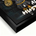 Obraz na płótnie Sknerus McKwacz trzymający worki z pieniędzmi. Nowoczesna sztuka motywacyjna z napisem No Luck All Hustle, wydruk galeryjny.