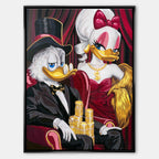 Obraz na płótnie Sknerus McKwacz i Daisy w stylu old money. Nowoczesna sztuka i luksusowy wydruk galeryjny ze stosami złotych monet.