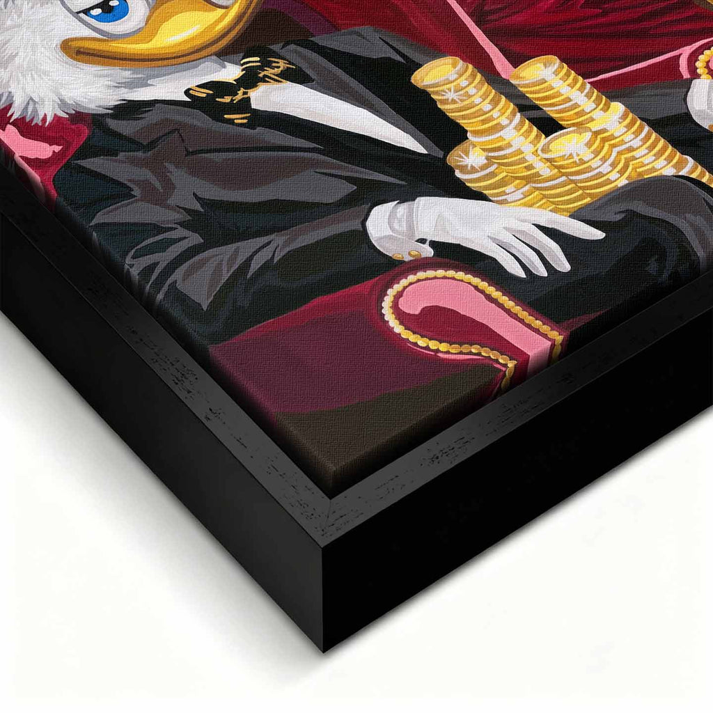 Obraz na płótnie Sknerus McKwacz i Daisy w stylu old money. Nowoczesna sztuka i luksusowy wydruk galeryjny ze stosami złotych monet.