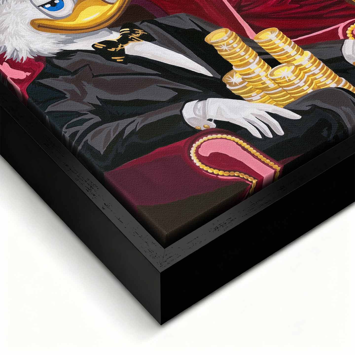 Obraz na płótnie Sknerus McKwacz i Daisy w stylu old money. Nowoczesna sztuka i luksusowy wydruk galeryjny ze stosami złotych monet.