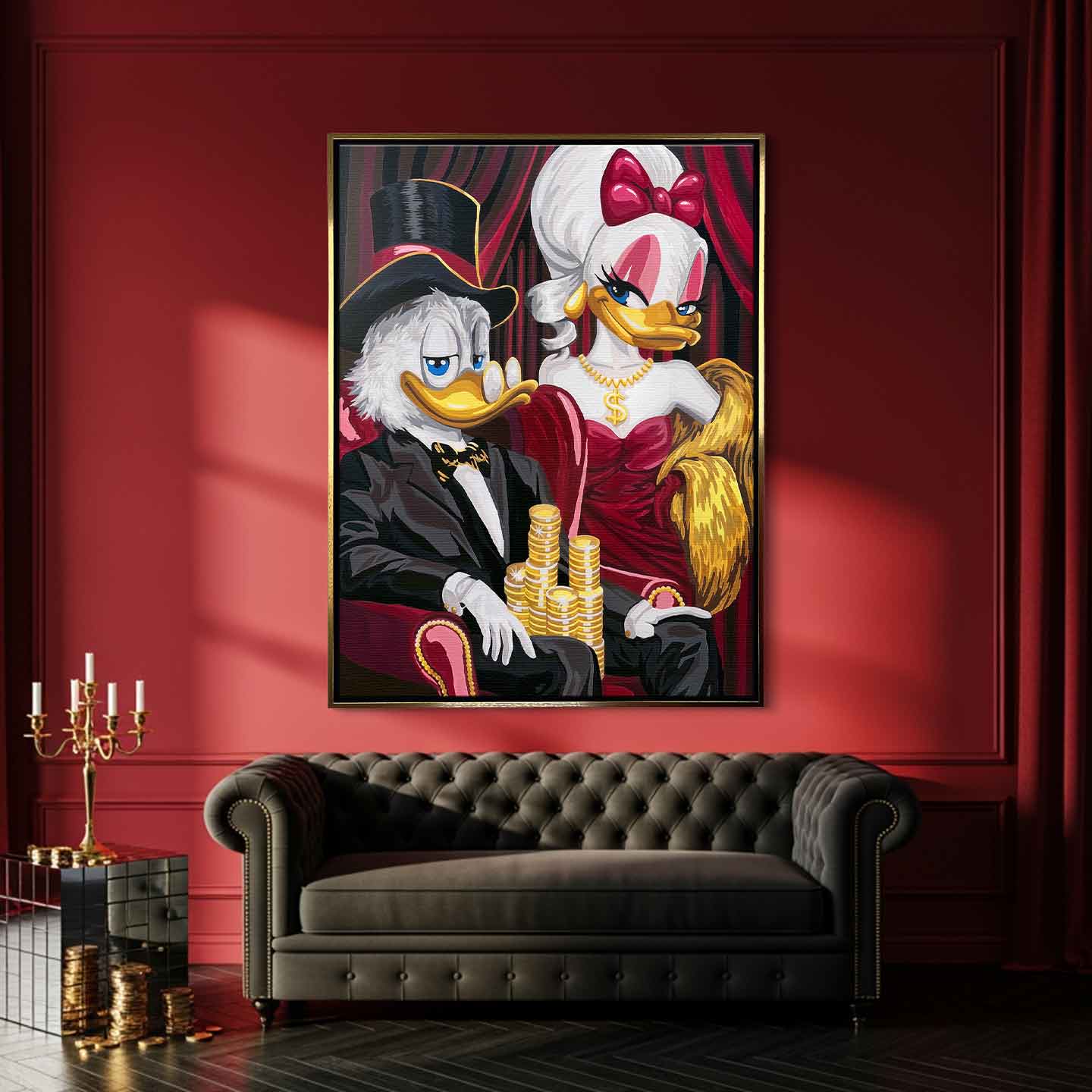 Obraz na płótnie Sknerus McKwacz i Daisy w stylu old money. Nowoczesna sztuka i luksusowy wydruk galeryjny ze stosami złotych monet.
