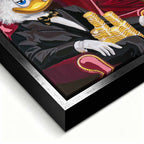 Obraz na płótnie Sknerus McKwacz i Daisy w stylu old money. Nowoczesna sztuka i luksusowy wydruk galeryjny ze stosami złotych monet.