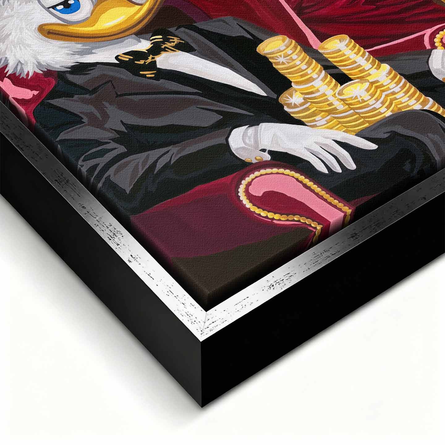 Obraz na płótnie Sknerus McKwacz i Daisy w stylu old money. Nowoczesna sztuka i luksusowy wydruk galeryjny ze stosami złotych monet.