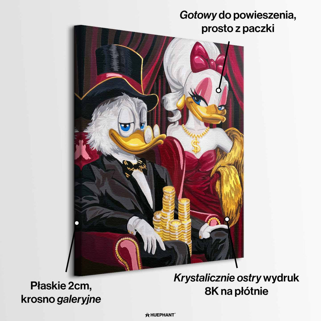 Obraz na płótnie Sknerus McKwacz i Daisy w stylu old money. Nowoczesna sztuka i luksusowy wydruk galeryjny ze stosami złotych monet.