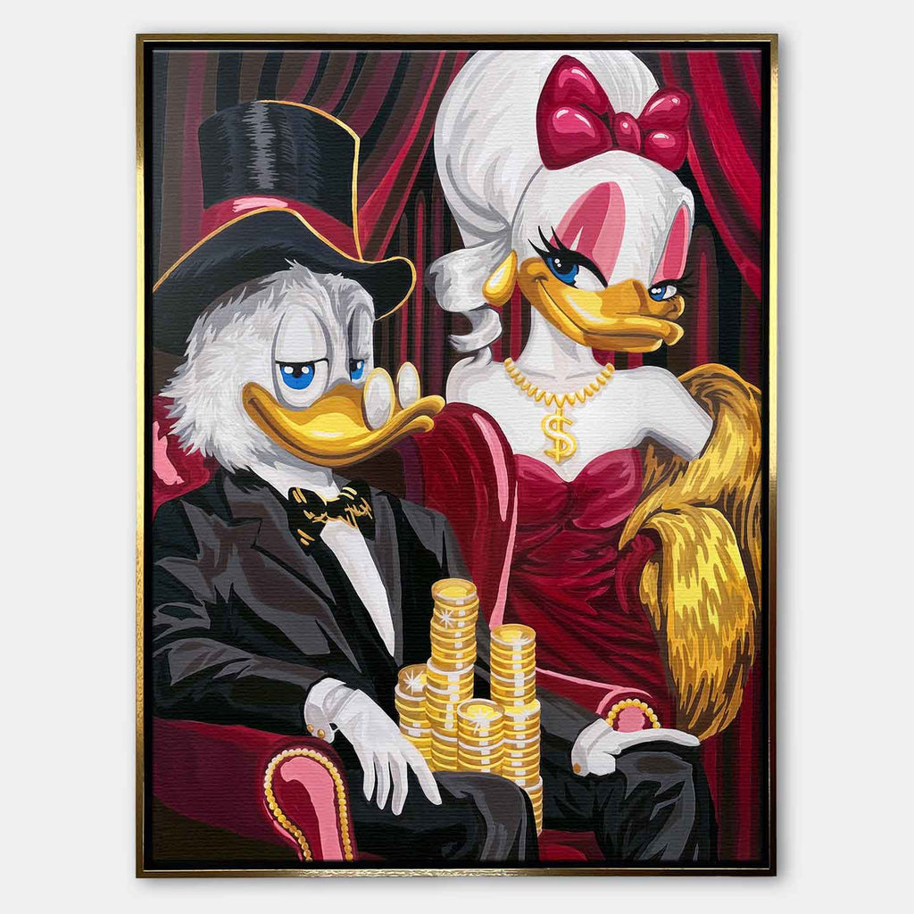 Obraz na płótnie Sknerus McKwacz i Daisy w stylu old money. Nowoczesna sztuka i luksusowy wydruk galeryjny ze stosami złotych monet.