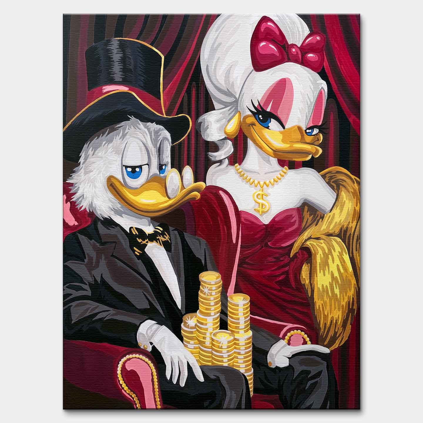 Obraz na płótnie Sknerus McKwacz i Daisy w stylu old money. Nowoczesna sztuka i luksusowy wydruk galeryjny ze stosami złotych monet.