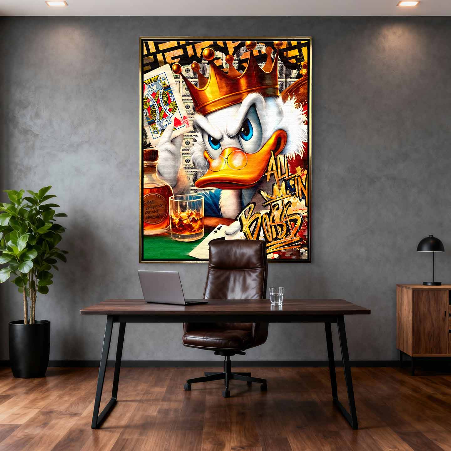 Obraz Sknerus McKwacz na płótnie Poker Duck ze Sknerusem McKwaczem w koronie, trzymającym asa pik i whisky, symbolizujący luksus, ryzyko i mentalność zwycięzcy.