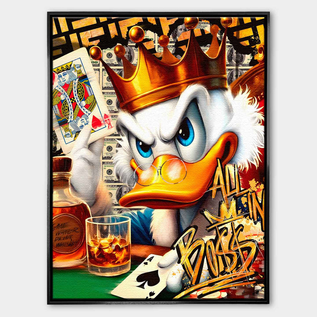 Obraz Sknerus McKwacz na płótnie Poker Duck ze Sknerusem McKwaczem w koronie, trzymającym asa pik i whisky, symbolizujący luksus, ryzyko i mentalność zwycięzcy.