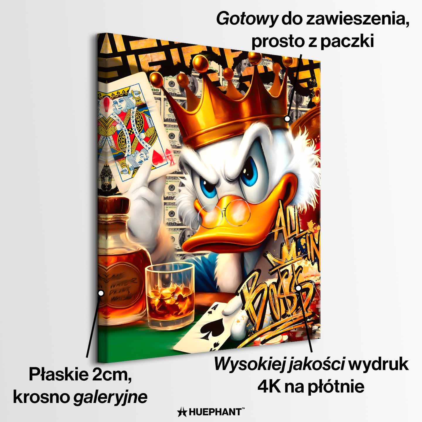 Obraz Sknerus McKwacz na płótnie Poker Duck ze Sknerusem McKwaczem w koronie, trzymającym asa pik i whisky, symbolizujący luksus, ryzyko i mentalność zwycięzcy.