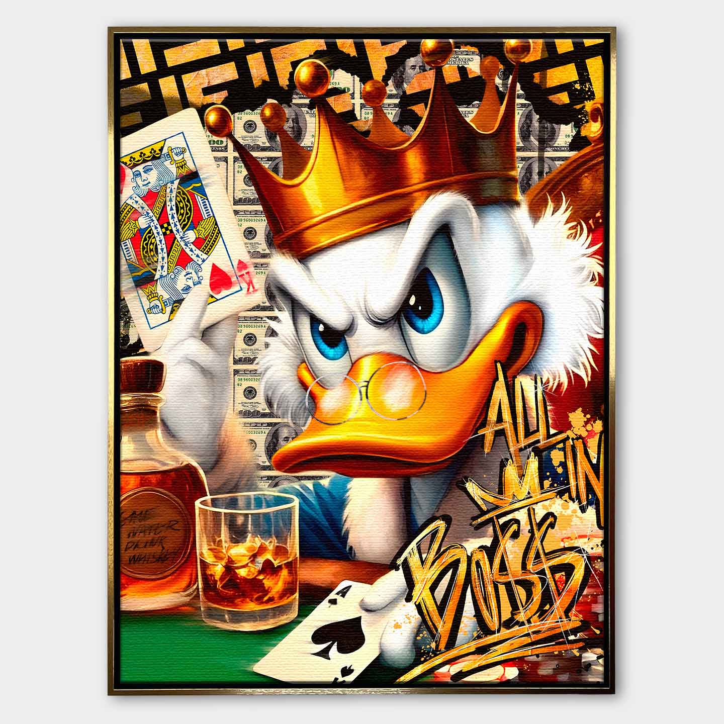 Obraz Sknerus McKwacz na płótnie Poker Duck ze Sknerusem McKwaczem w koronie, trzymającym asa pik i whisky, symbolizujący luksus, ryzyko i mentalność zwycięzcy.