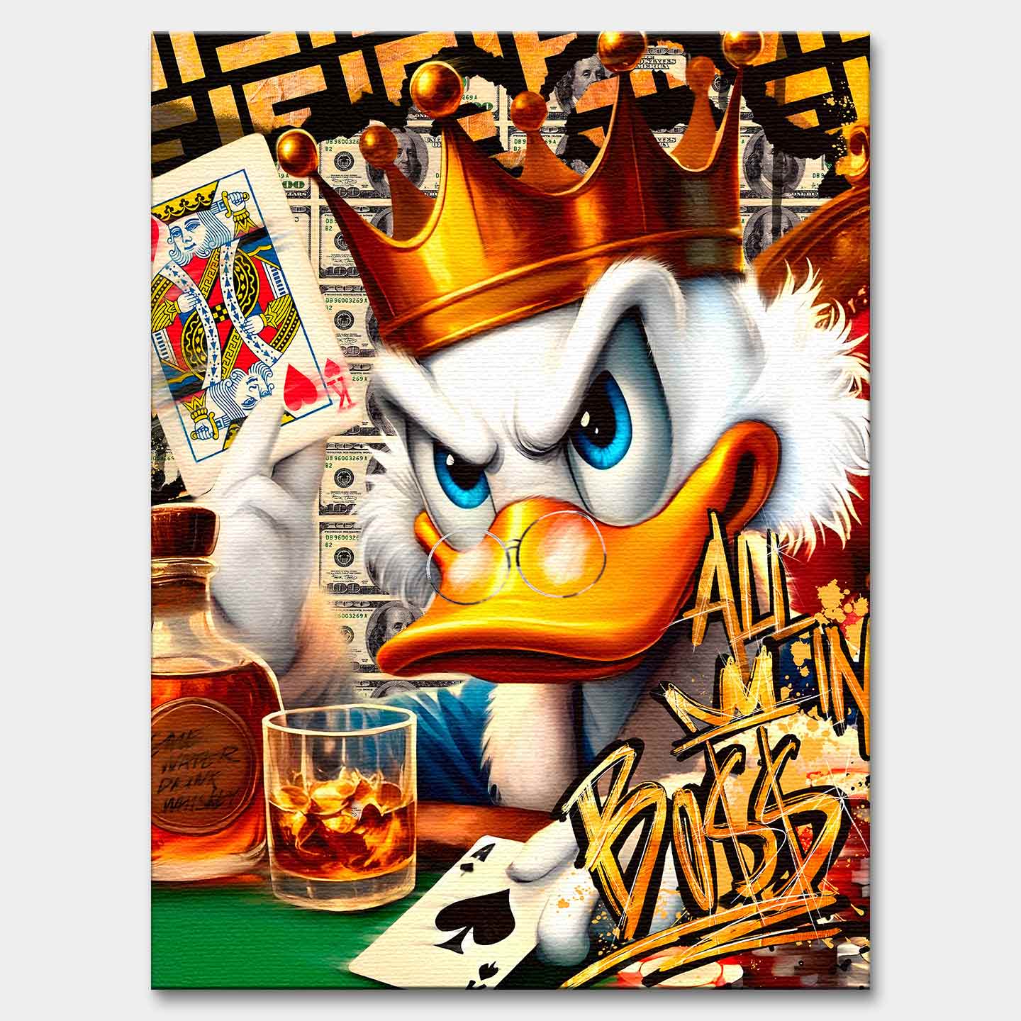 Obraz Sknerus McKwacz na płótnie Poker Duck ze Sknerusem McKwaczem w koronie, trzymającym asa pik i whisky, symbolizujący luksus, ryzyko i mentalność zwycięzcy.