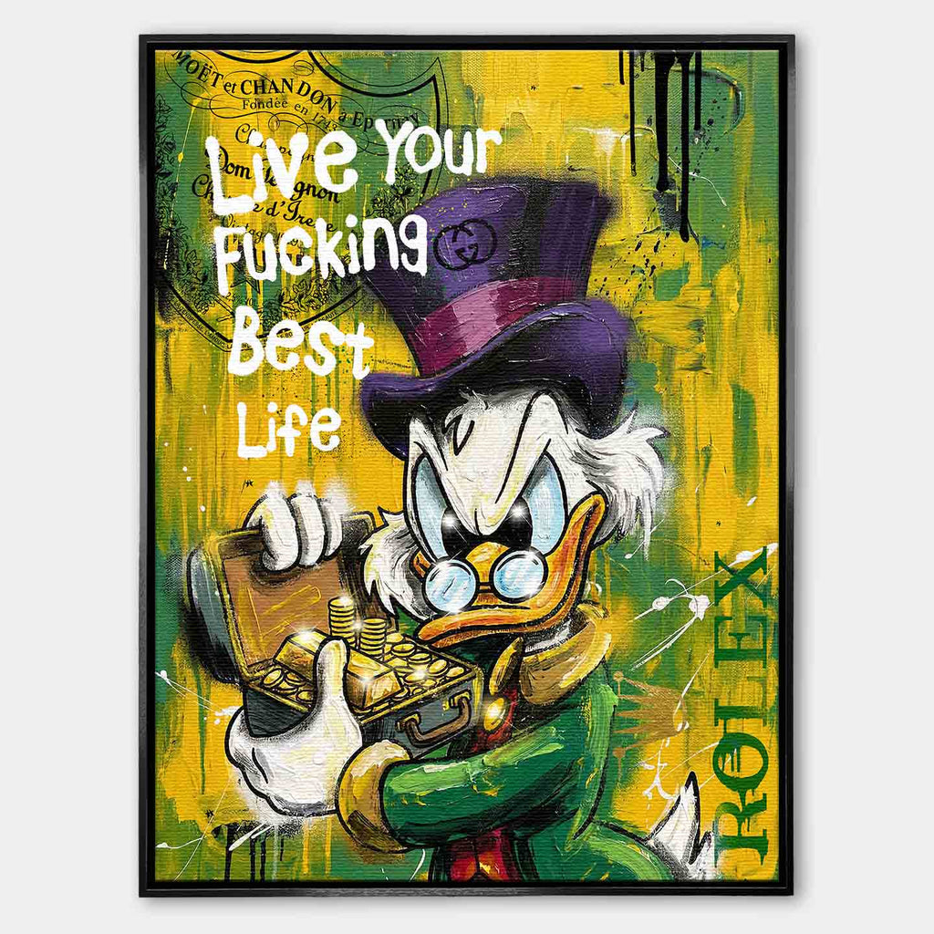 Obraz ze Sknerusem McKwaczem na płótnie Rich Duck – pop art, ze sknerusem mckwaczem trzymającym złoto, motyw pieniędzy, luksusu i sukcesu w intensywnych kolorach żółtego i zielonego.