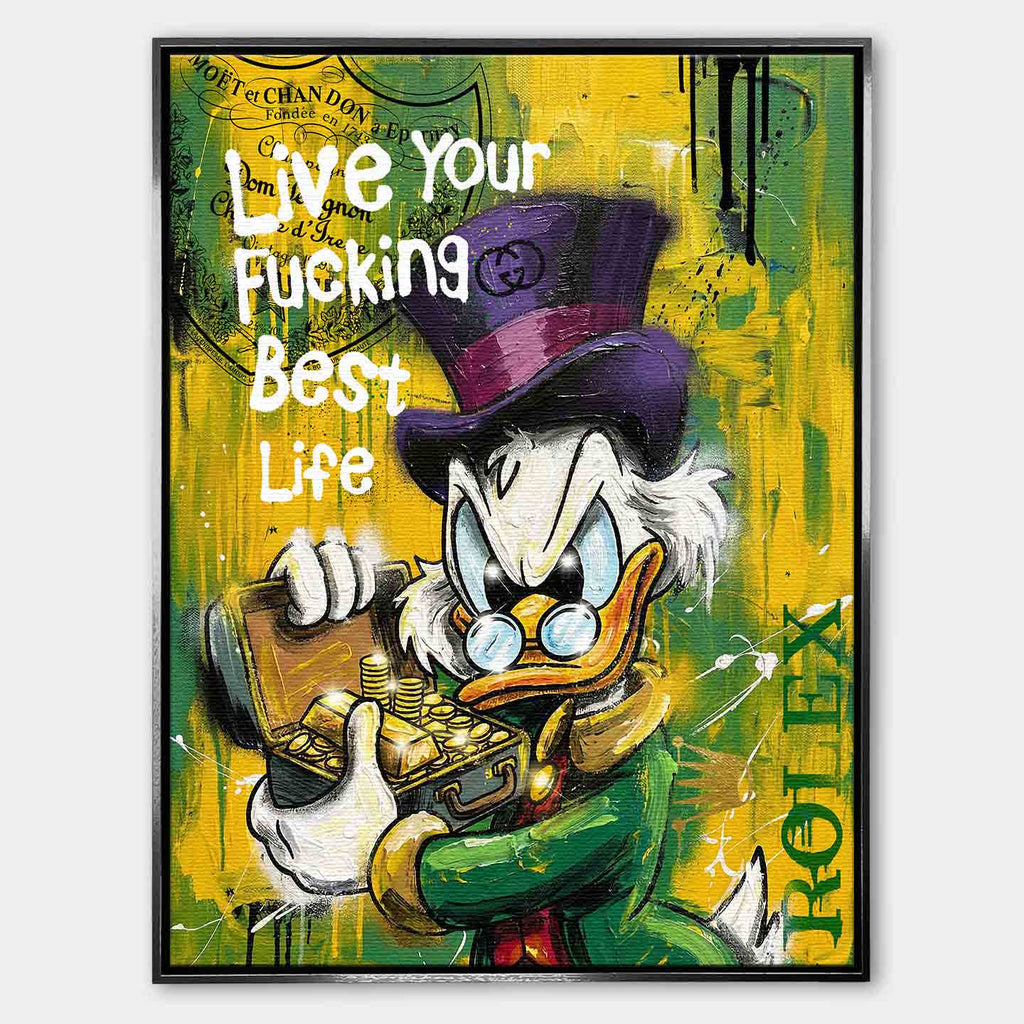 Obraz ze Sknerusem McKwaczem na płótnie Rich Duck – pop art, ze sknerusem mckwaczem trzymającym złoto, motyw pieniędzy, luksusu i sukcesu w intensywnych kolorach żółtego i zielonego.