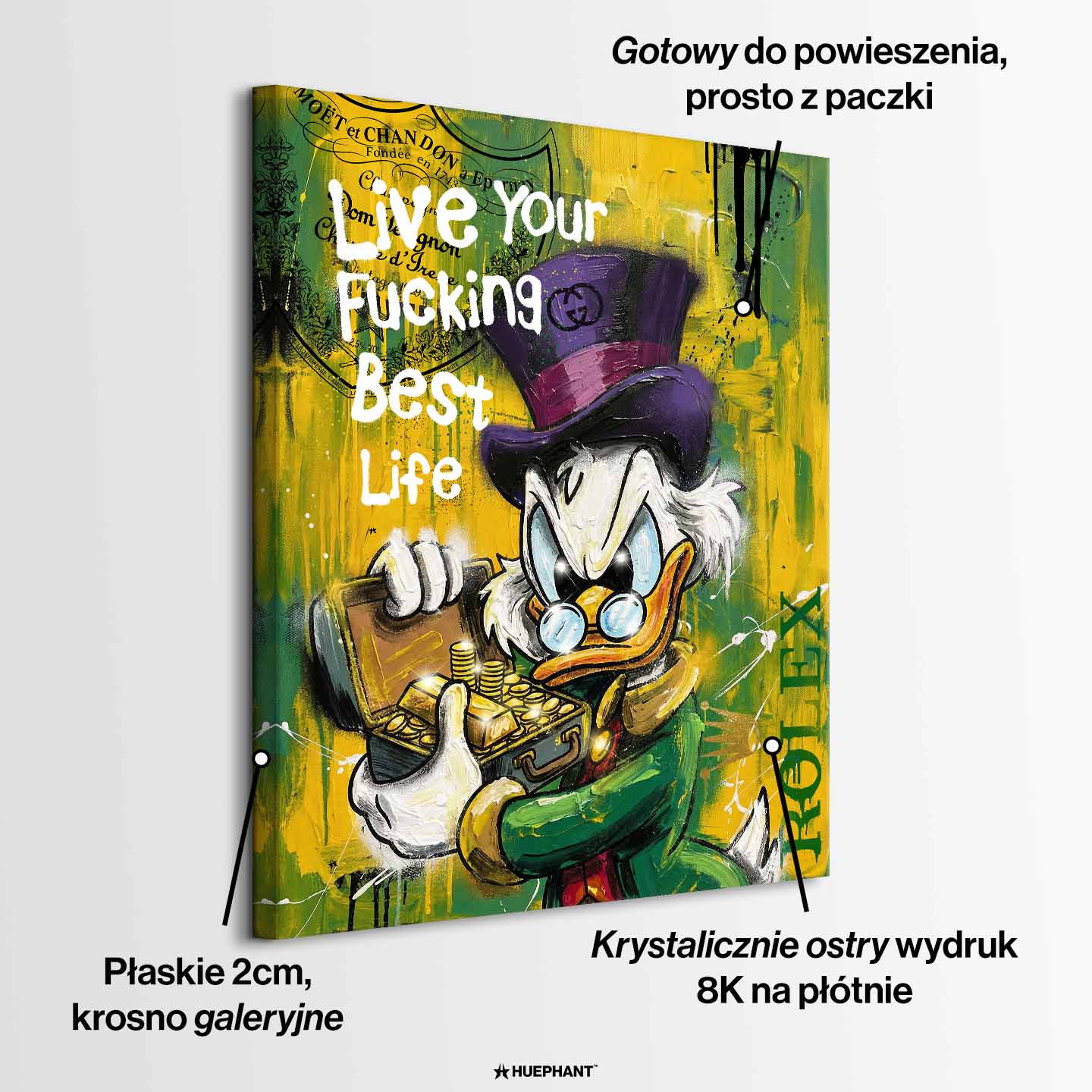 Obraz ze Sknerusem McKwaczem na płótnie Rich Duck – pop art, ze sknerusem mckwaczem trzymającym złoto, motyw pieniędzy, luksusu i sukcesu w intensywnych kolorach żółtego i zielonego.