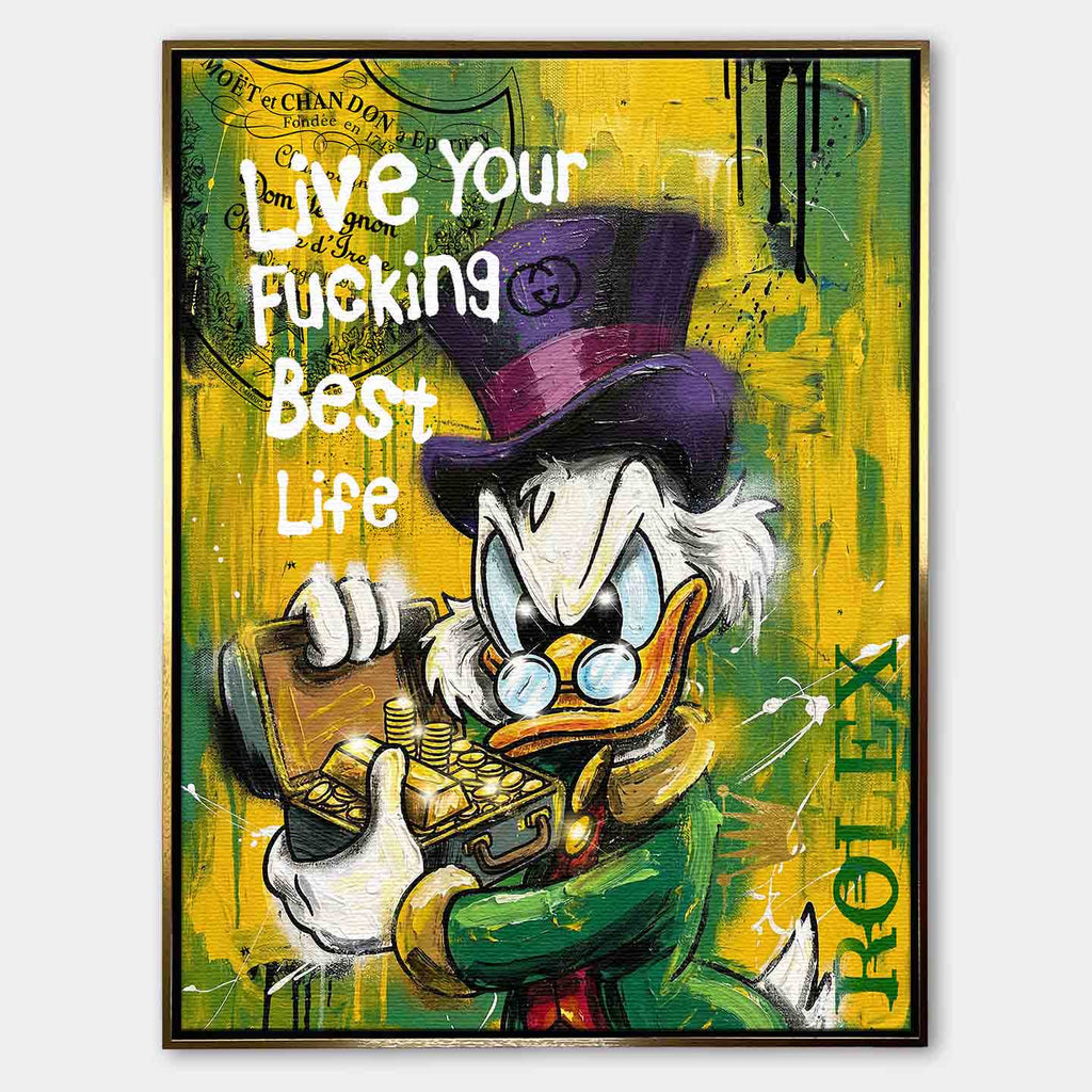 Obraz ze Sknerusem McKwaczem na płótnie Rich Duck – pop art, ze sknerusem mckwaczem trzymającym złoto, motyw pieniędzy, luksusu i sukcesu w intensywnych kolorach żółtego i zielonego.