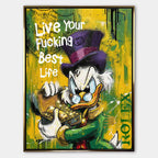 Obraz ze Sknerusem McKwaczem na płótnie Rich Duck – pop art, ze sknerusem mckwaczem trzymającym złoto, motyw pieniędzy, luksusu i sukcesu w intensywnych kolorach żółtego i zielonego.