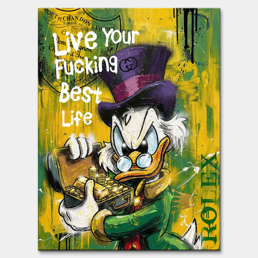 Obraz ze Sknerusem McKwaczem na płótnie Rich Duck – pop art, ze sknerusem mckwaczem trzymającym złoto, motyw pieniędzy, luksusu i sukcesu w intensywnych kolorach żółtego i zielonego.