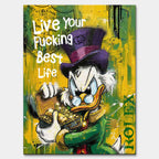 Obraz ze Sknerusem McKwaczem na płótnie Rich Duck – pop art, ze sknerusem mckwaczem trzymającym złoto, motyw pieniędzy, luksusu i sukcesu w intensywnych kolorach żółtego i zielonego.