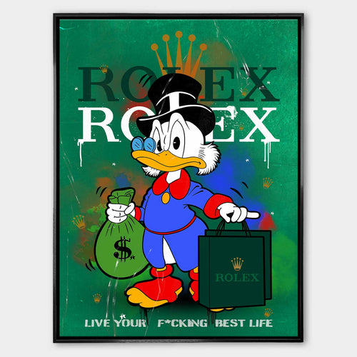 Obraz na płótnie Sknerus McKwacz „Rolex Duck” – Sknerus McKwacz trzymający torbę Rolex i worek pieniędzy, na zielonym tle, symbol luksusu, bogactwa i sukcesu.