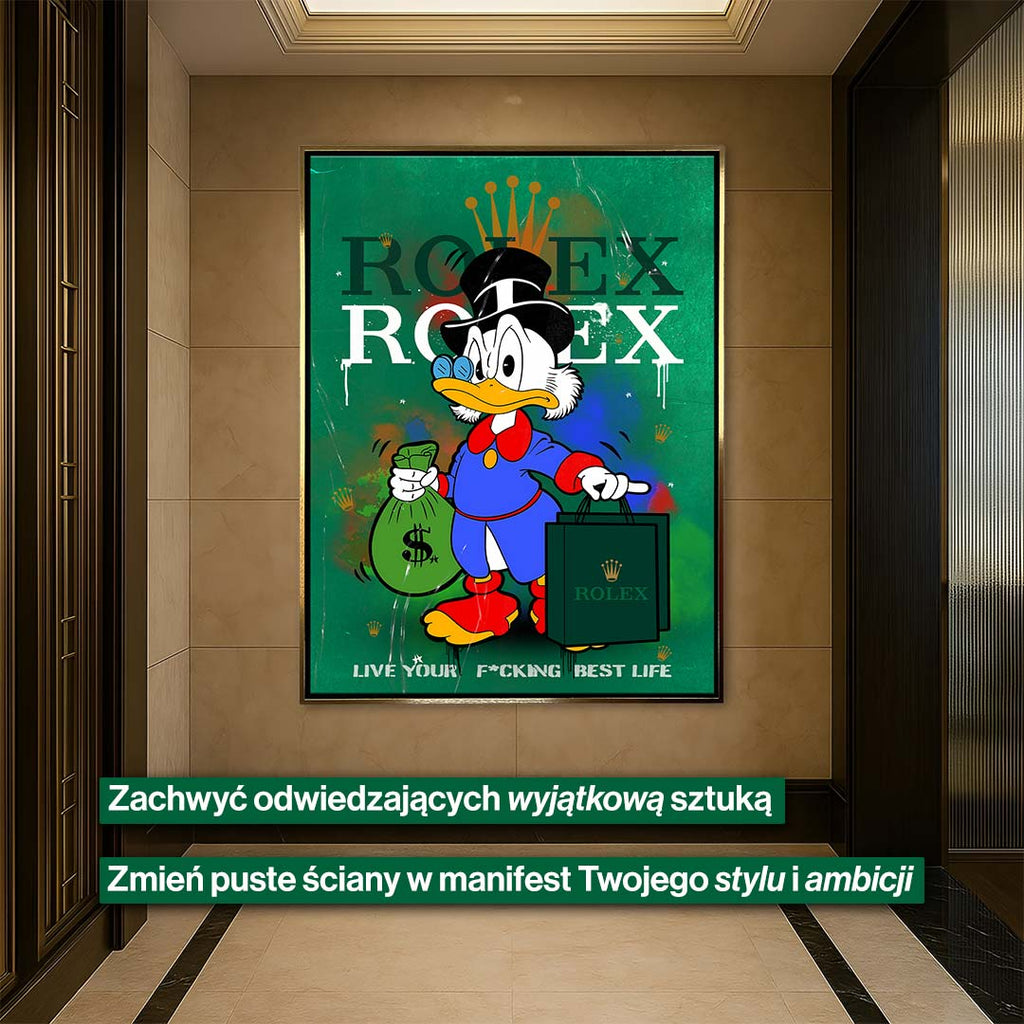 Obraz na płótnie Sknerus McKwacz „Rolex Duck” – Sknerus McKwacz trzymający torbę Rolex i worek pieniędzy, na zielonym tle, symbol luksusu, bogactwa i sukcesu.