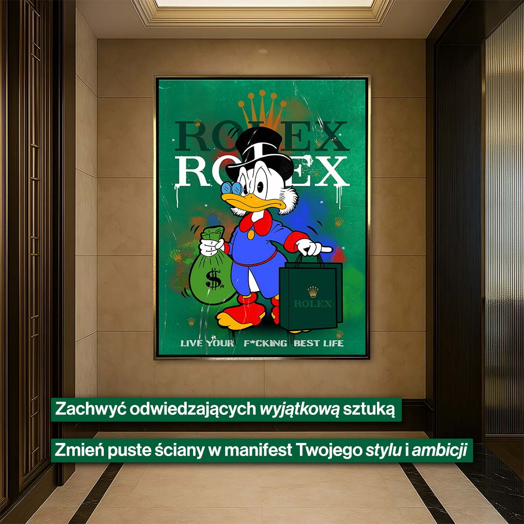Obraz na płótnie Sknerus McKwacz „Rolex Duck” – Sknerus McKwacz trzymający torbę Rolex i worek pieniędzy, na zielonym tle, symbol luksusu, bogactwa i sukcesu.