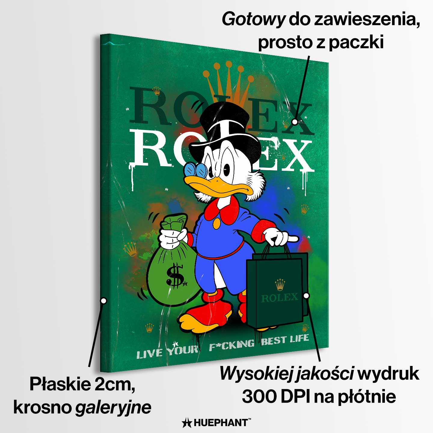 Obraz na płótnie Sknerus McKwacz „Rolex Duck” – Sknerus McKwacz trzymający torbę Rolex i worek pieniędzy, na zielonym tle, symbol luksusu, bogactwa i sukcesu.