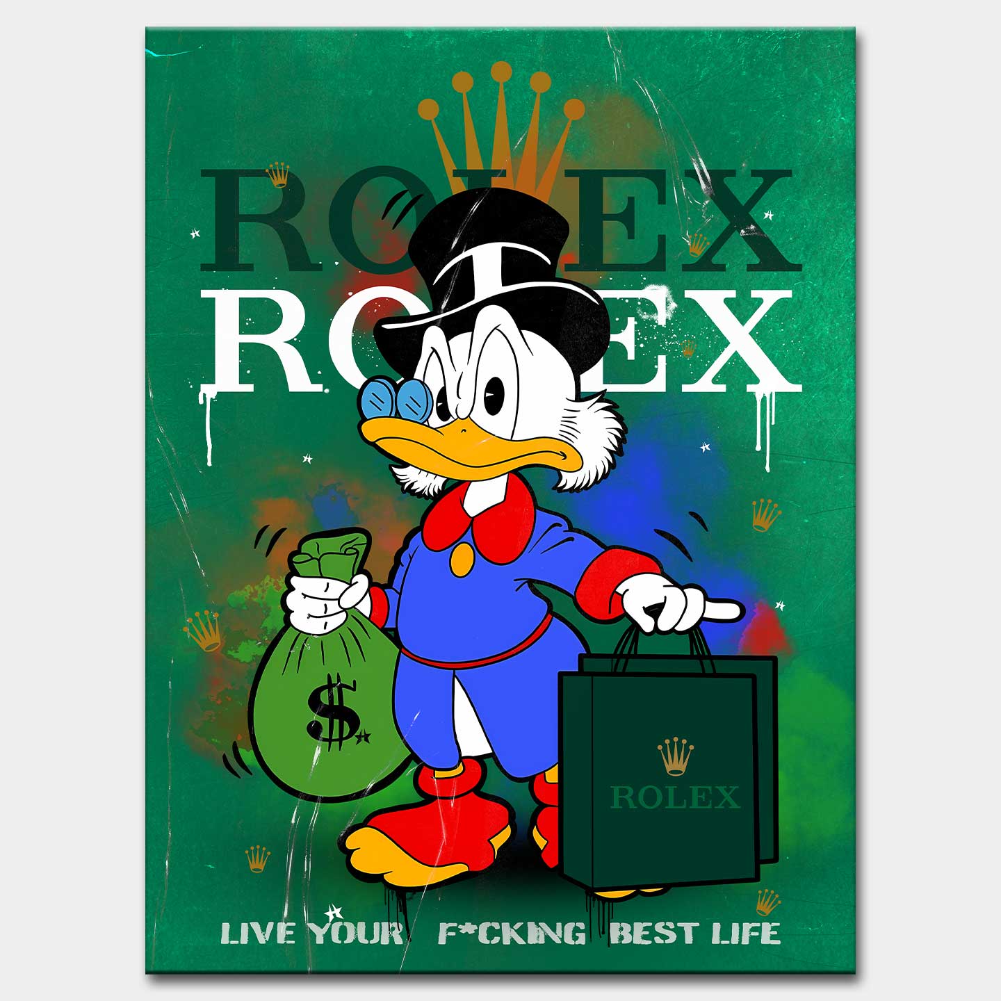 Obraz na płótnie Sknerus McKwacz „Rolex Duck” – Sknerus McKwacz trzymający torbę Rolex i worek pieniędzy, na zielonym tle, symbol luksusu, bogactwa i sukcesu.