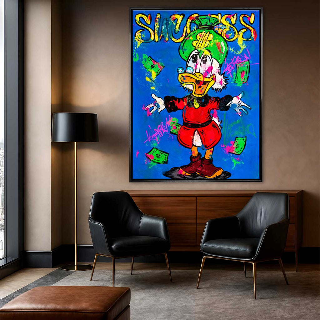 Obraz na płótnie Success Duck – kolorowa interpretacja Sknerusa McKwacza z pieniędzmi w stylu pop-art i street-art, symbolizująca sukces, luksus i wolność finansową.