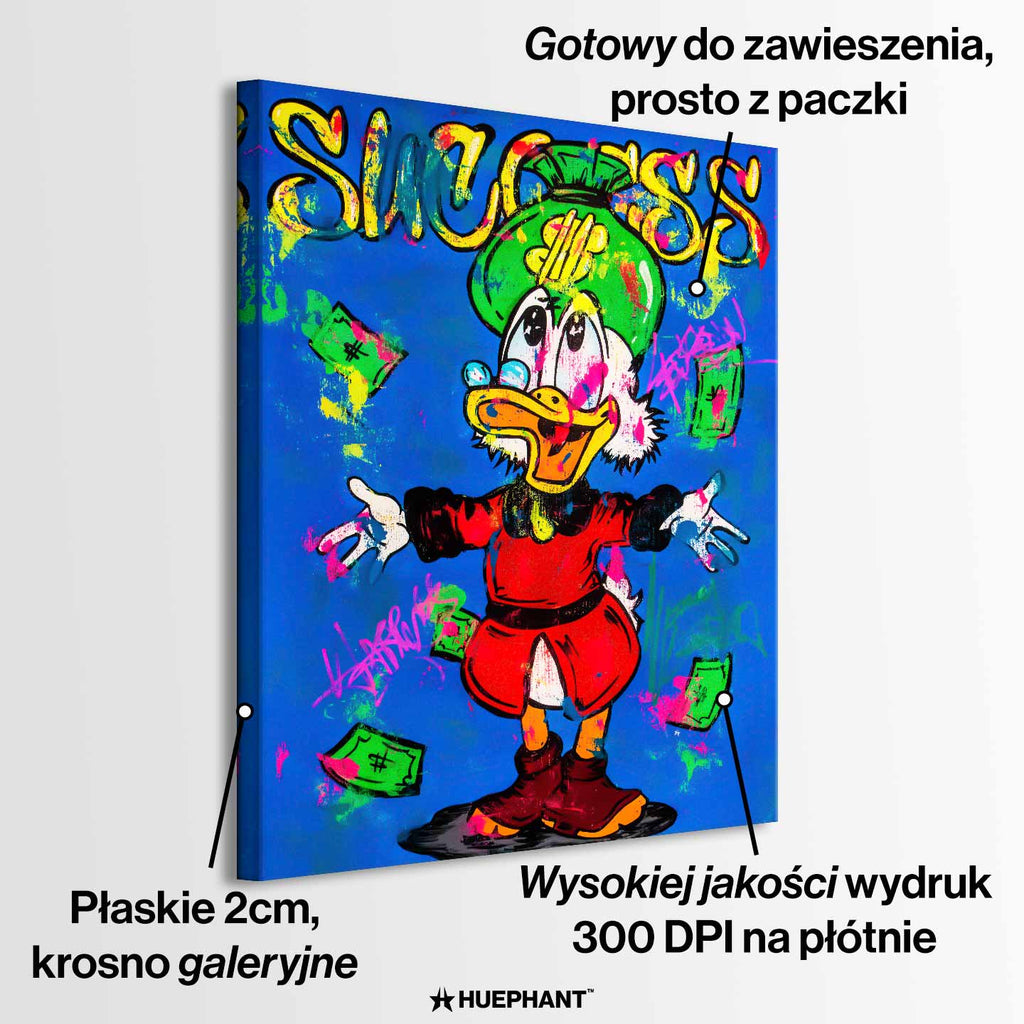 Obraz na płótnie Success Duck – kolorowa interpretacja Sknerusa McKwacza z pieniędzmi w stylu pop-art i street-art, symbolizująca sukces, luksus i wolność finansową.