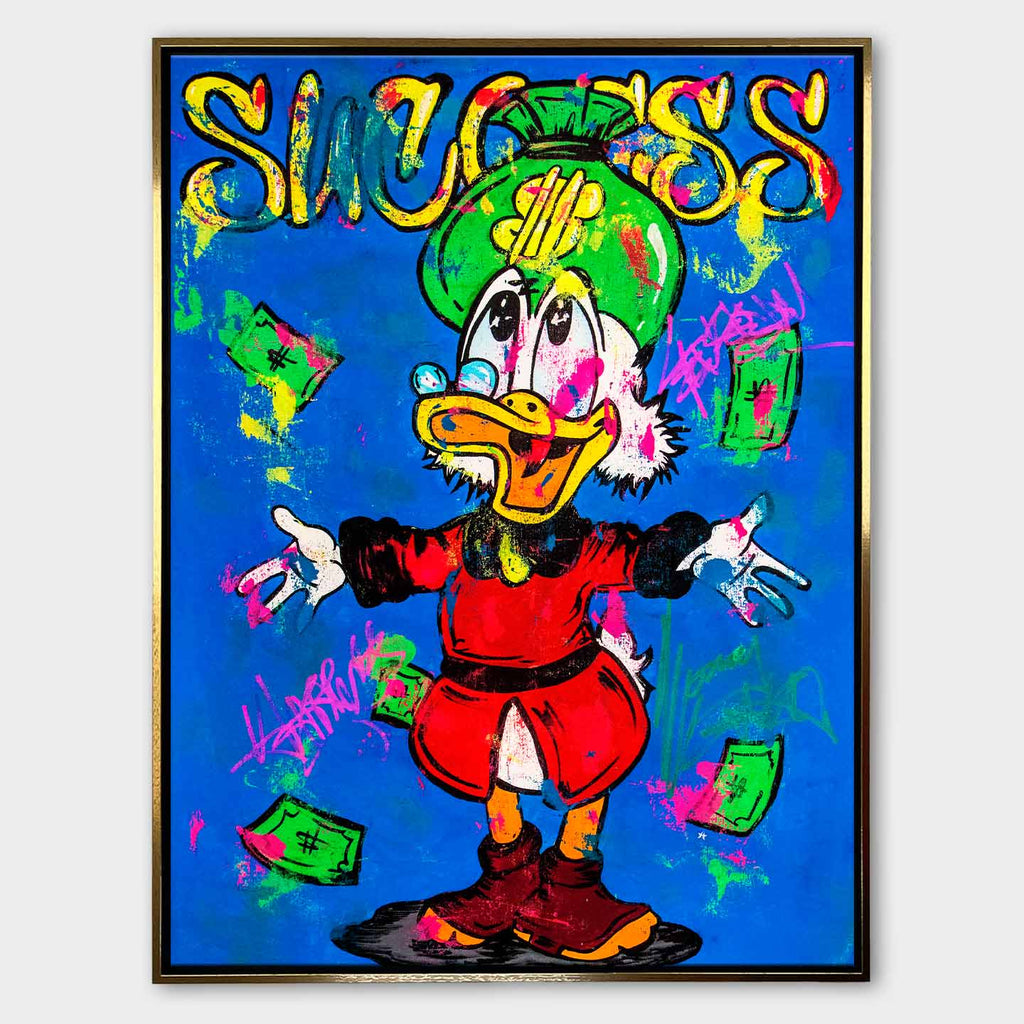 Obraz na płótnie Success Duck – kolorowa interpretacja Sknerusa McKwacza z pieniędzmi w stylu pop-art i street-art, symbolizująca sukces, luksus i wolność finansową.
