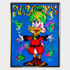 Obraz na płótnie Success Duck – kolorowa interpretacja Sknerusa McKwacza z pieniędzmi w stylu pop-art i street-art, symbolizująca sukces, luksus i wolność finansową.