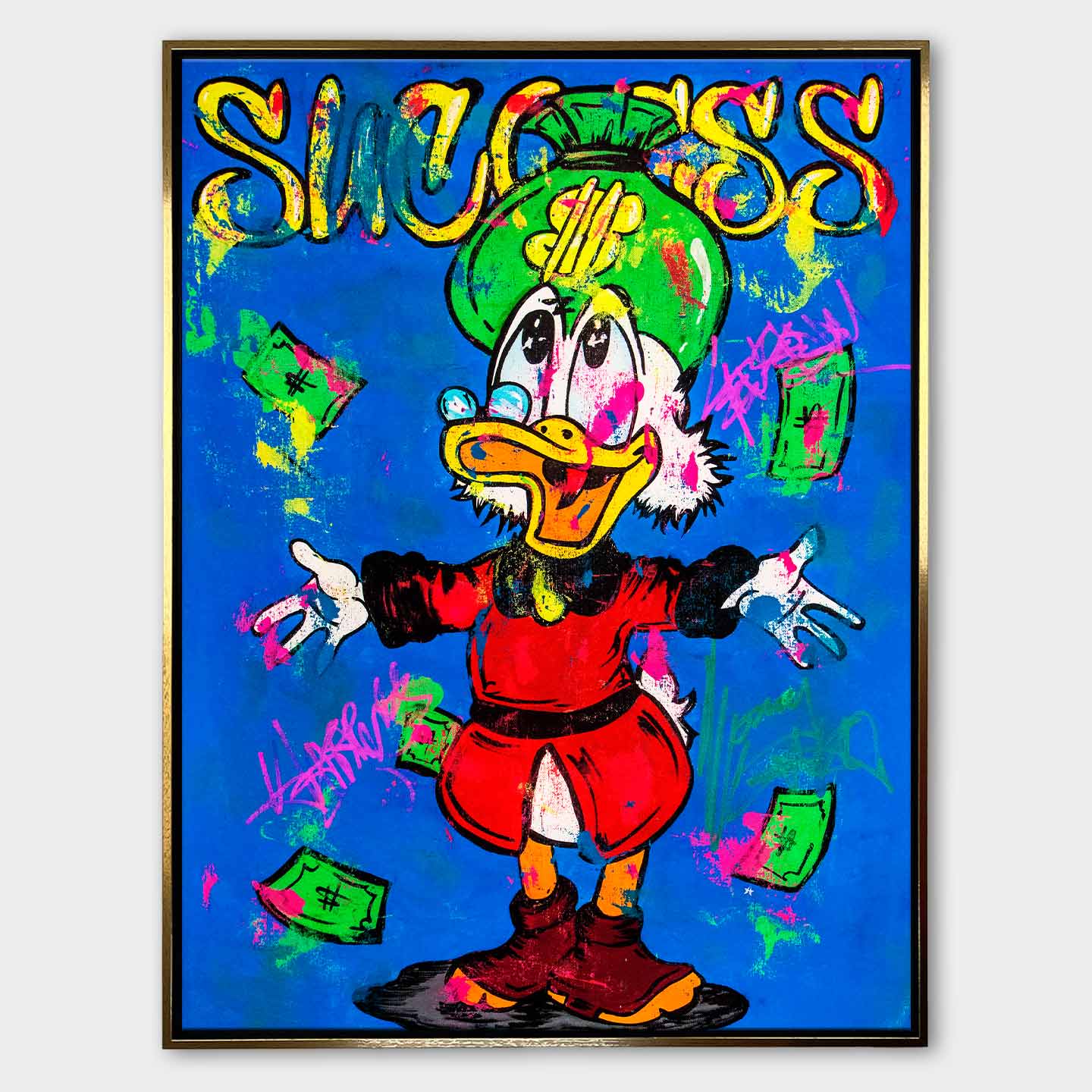 Obraz na płótnie Success Duck – kolorowa interpretacja Sknerusa McKwacza z pieniędzmi w stylu pop-art i street-art, symbolizująca sukces, luksus i wolność finansową.
