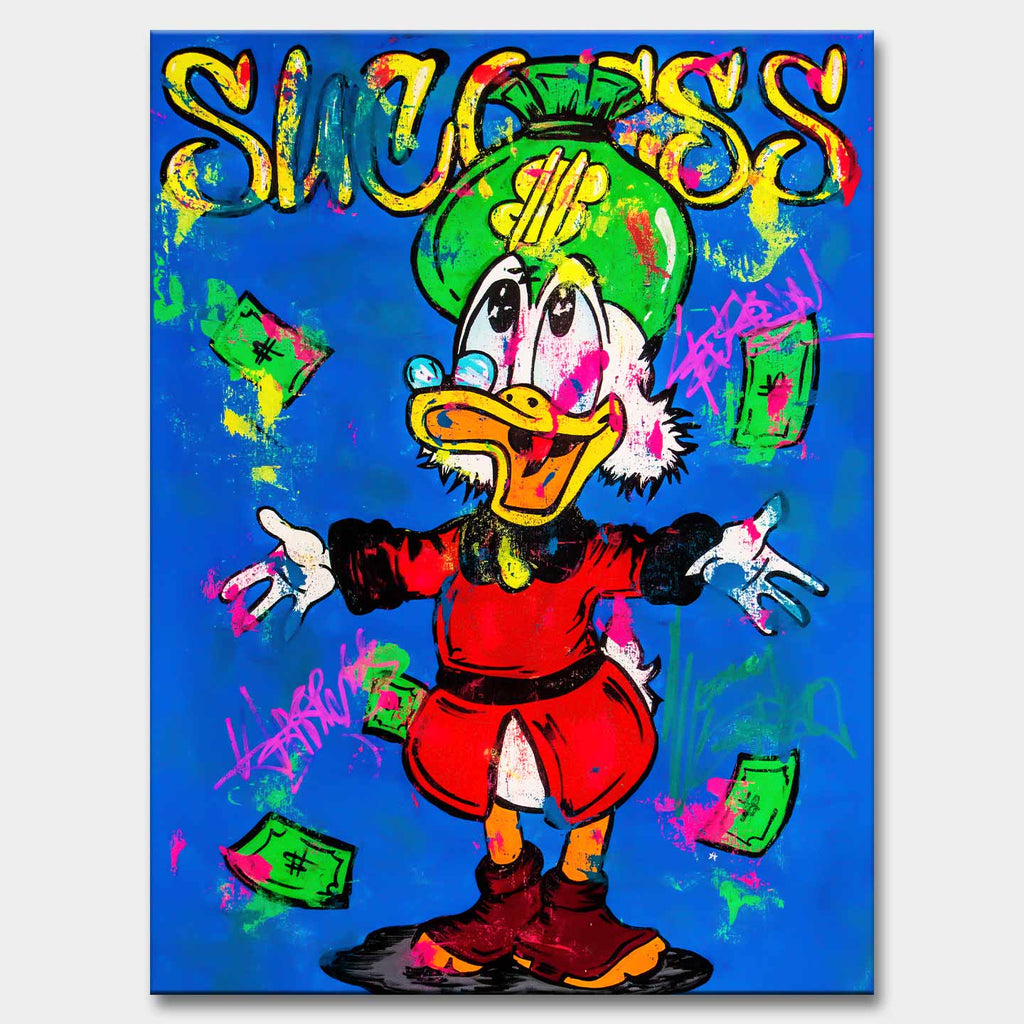 Obraz na płótnie Success Duck – kolorowa interpretacja Sknerusa McKwacza z pieniędzmi w stylu pop-art i street-art, symbolizująca sukces, luksus i wolność finansową.