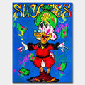 Obraz na płótnie Success Duck – kolorowa interpretacja Sknerusa McKwacza z pieniędzmi w stylu pop-art i street-art, symbolizująca sukces, luksus i wolność finansową.