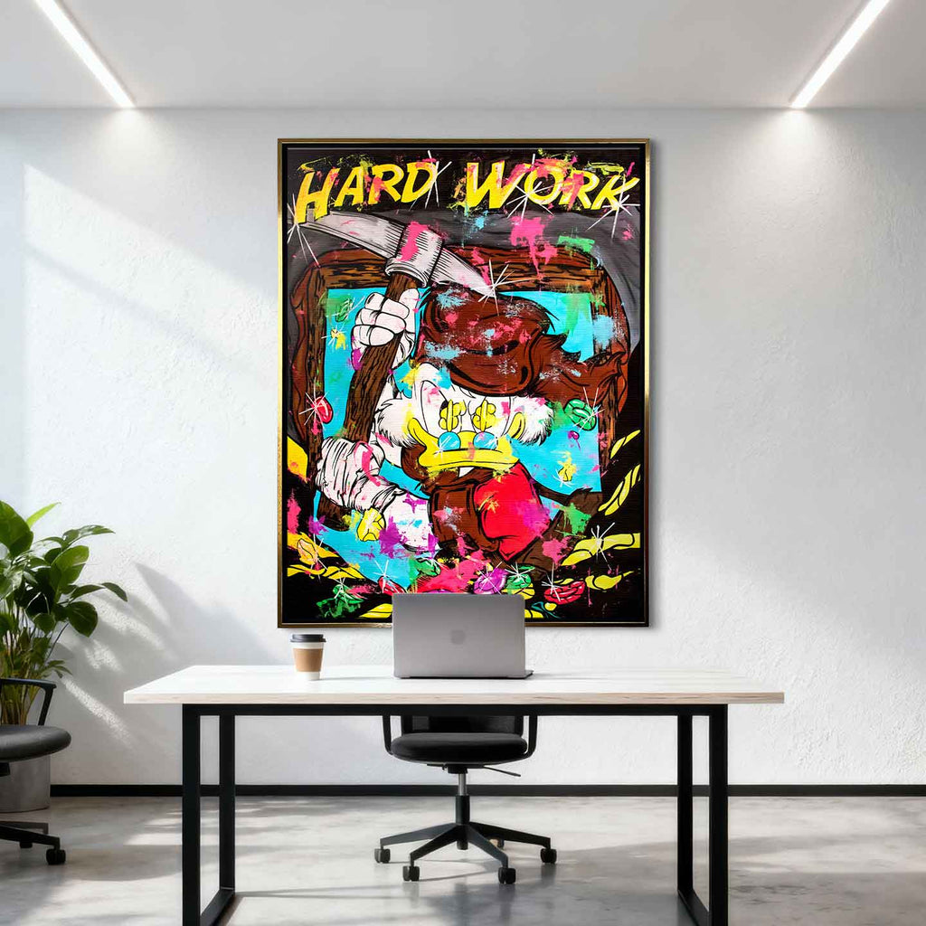 Obraz na płótnie Sknerus McKwacz Work Hard. Nowoczesna sztuka pop-art, wydruk galeryjny z motywem diamentów i pieniędzy. Limitowana dekoracja motywacyjna.