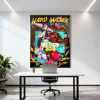 Obraz na płótnie Sknerus McKwacz Work Hard. Nowoczesna sztuka pop-art, wydruk galeryjny z motywem diamentów i pieniędzy. Limitowana dekoracja motywacyjna.