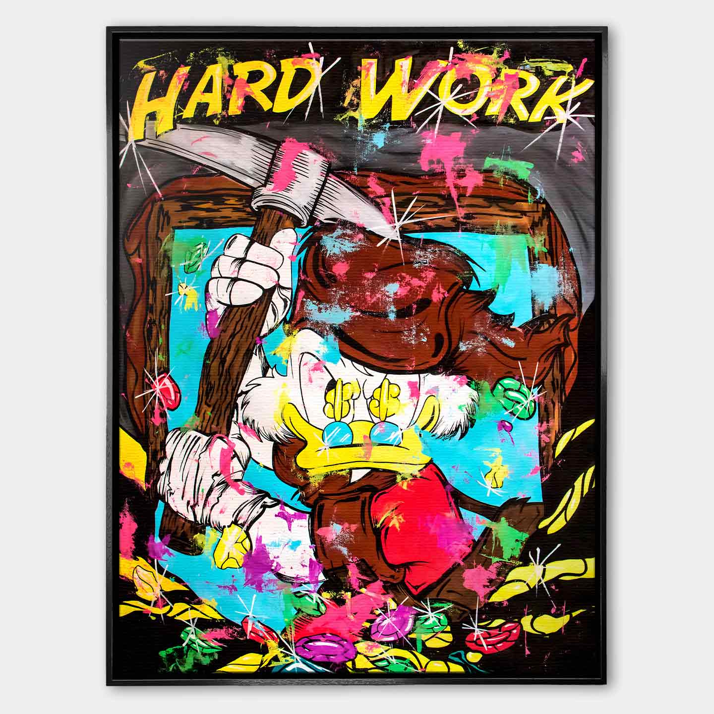 Obraz na płótnie Sknerus McKwacz Work Hard. Nowoczesna sztuka pop-art, wydruk galeryjny z motywem diamentów i pieniędzy. Limitowana dekoracja motywacyjna.