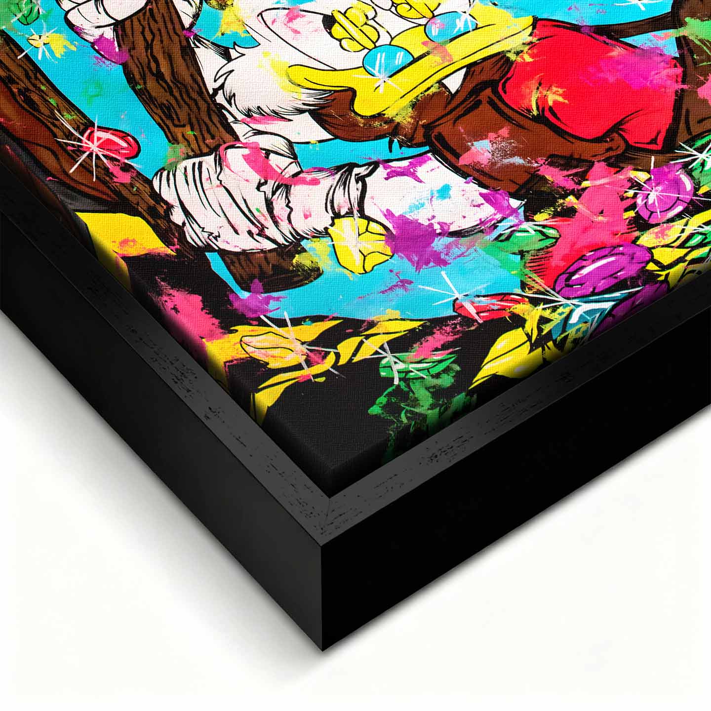 Obraz na płótnie Sknerus McKwacz Work Hard. Nowoczesna sztuka pop-art, wydruk galeryjny z motywem diamentów i pieniędzy. Limitowana dekoracja motywacyjna.