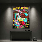 Obraz na płótnie Sknerus McKwacz Work Hard. Nowoczesna sztuka pop-art, wydruk galeryjny z motywem diamentów i pieniędzy. Limitowana dekoracja motywacyjna.